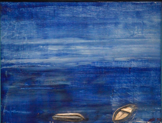 Abandoned Skiffs 13.5X18 oil and collage 2014 initialed