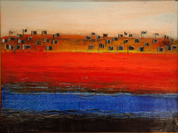 Banner Farm 14.5X18.75 oil and collage signed