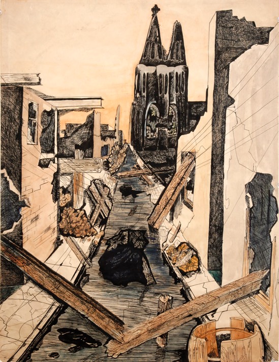 Cathedral among Ruins 22X17.5 ink and watercolor