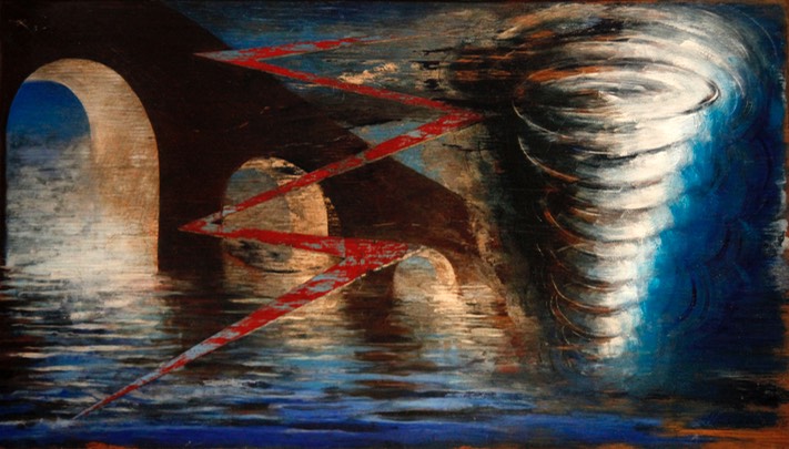 Foul weather at the Aquaduct 16X29 oil on wood oanel signed