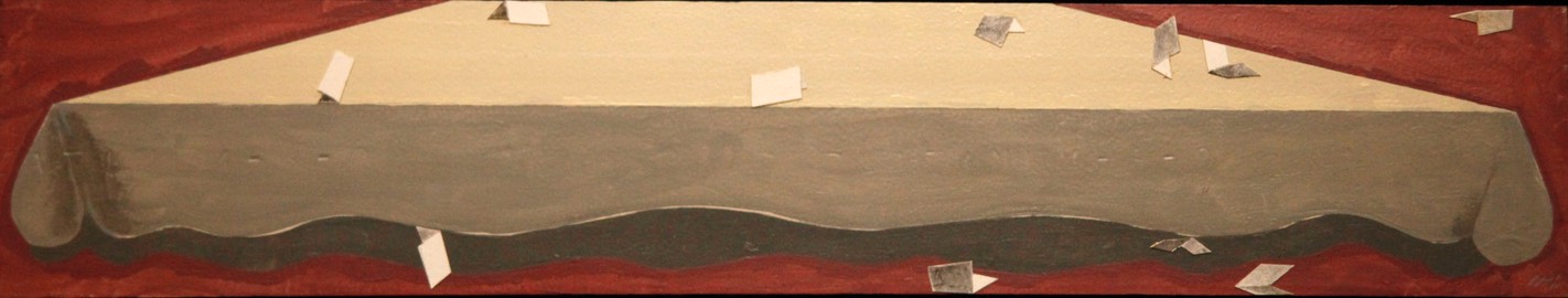Table with Place Cards 5.5X29.5 oil on masonite with collage 2011 initialed