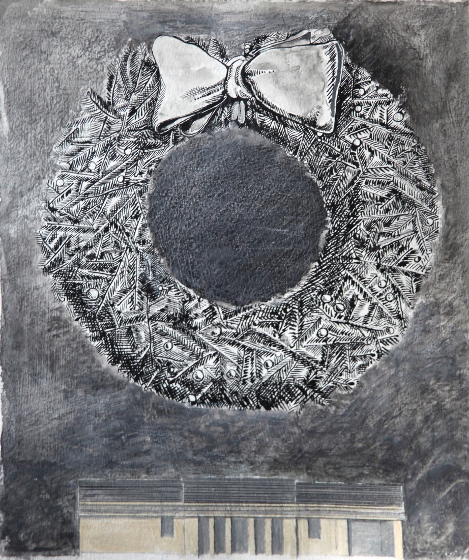 wreath over house 13.5X10.5 pen brish and ink